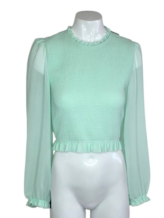 Wilfred Tops - Aritzia Wilfred Tempest Blouse, Subtle Mint, Smocked, Sheer Sleeve, Sz S, Whimsi